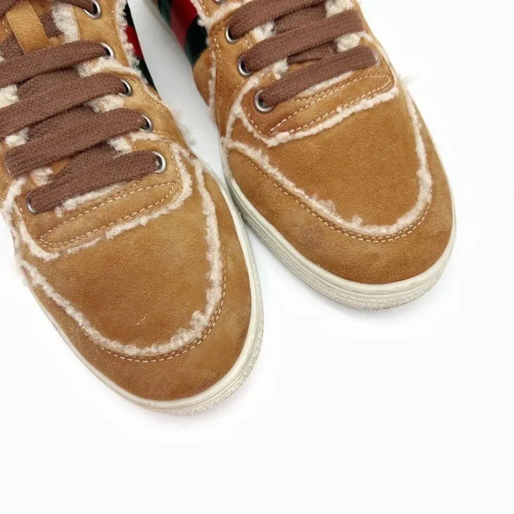 GUCCI Brown Suede Shearling Ace Sneakers Size 39 US 8.5 High Top Web Stripe Fur